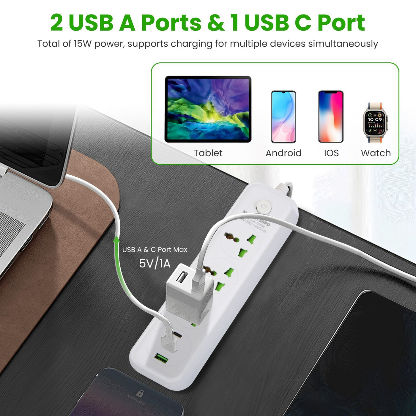 1Pc Power Strip With 6FT Extension Cord 3 AC Outlets And 2 USB A Ports 1 USB C Port 2500W Wall Mount Outlet Extender For Home Office Dorm Travel