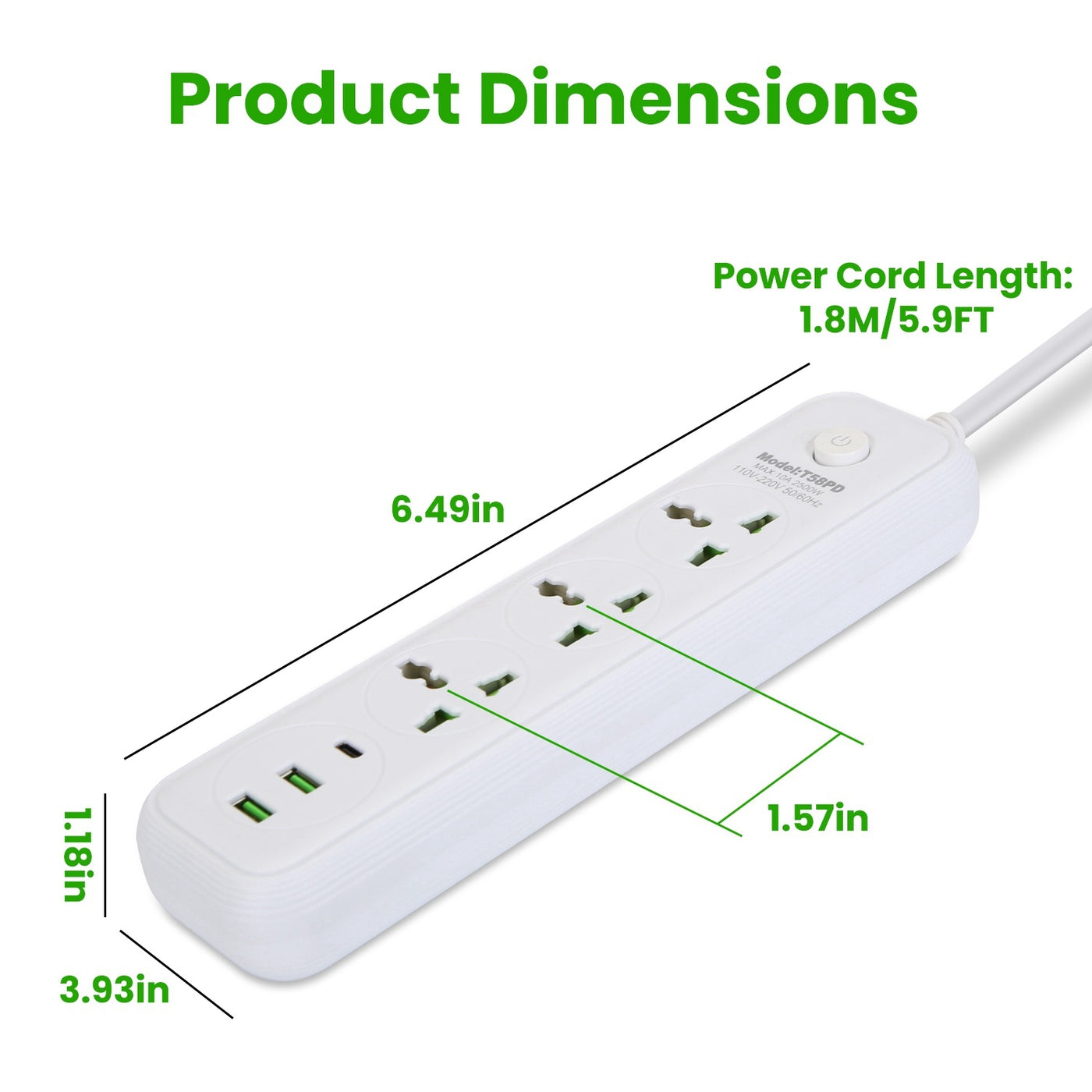1Pc Power Strip With 6FT Extension Cord 3 AC Outlets And 2 USB A Ports 1 USB C Port 2500W Wall Mount Outlet Extender For Home Office Dorm Travel