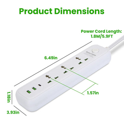 1Pc Power Strip With 6FT Extension Cord 3 AC Outlets And 2 USB A Ports 1 USB C Port 2500W Wall Mount Outlet Extender For Home Office Dorm Travel